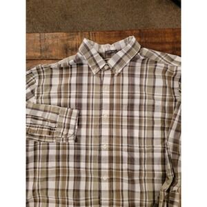 Eddie Bauer Mens Large Classic Fit Plaid‎ Button Down Shirt Brown Tan White
